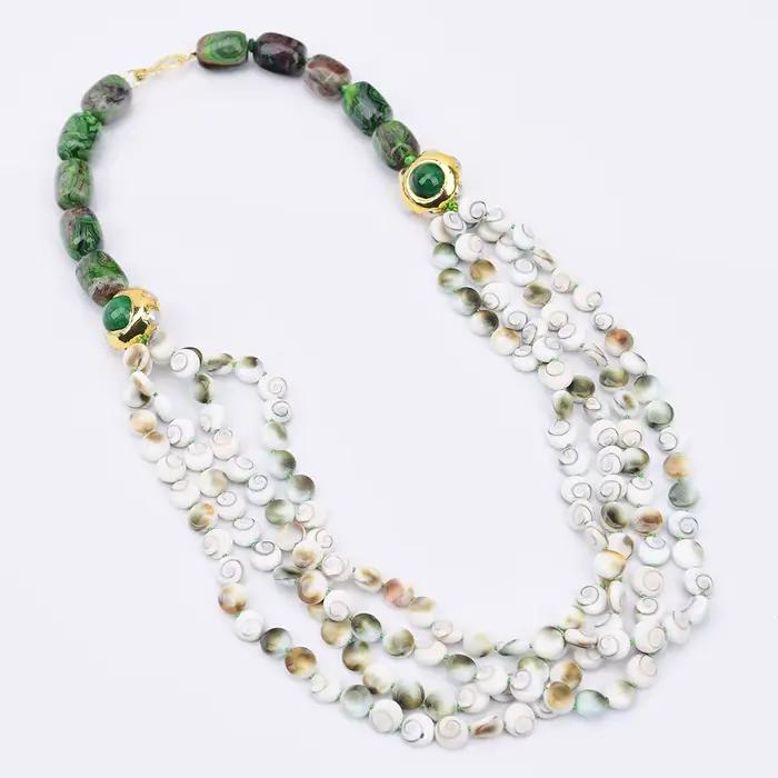 Collier en agate mexicaine Crazy Lace verte naturelle coquille de palourde pièce de monnaie jade vert plaqué or pour femmes occasions spéciales