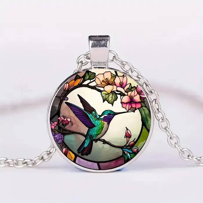Mignon rond colibri dôme en verre Cabochon pendentifs colliers oiseau forêt tropicale bijoux accessoires