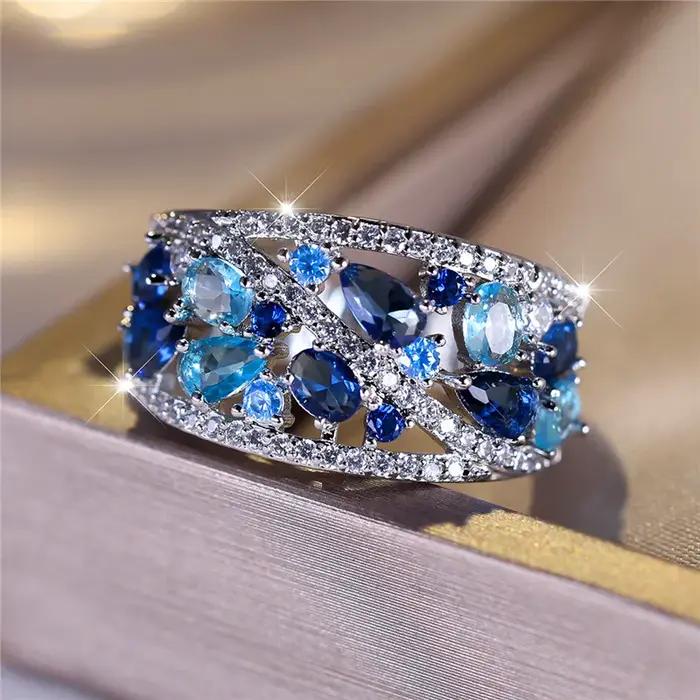 Bague de luxe en pierre de Zircon bleu pour femme