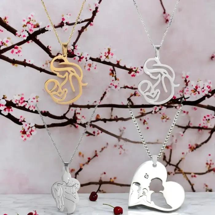 Collier Maman et Bébé Fête des Mères Bijou en Acier Inoxydable avec Pendentif Or Argent Rouge Rouille Femme Occasions Spéciales