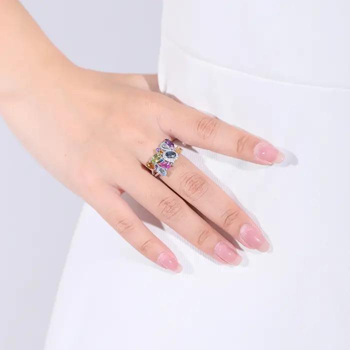 Bague de cocktail en argent sterling 925 sertie de topaze et pierres naturelles multicolores pour femmes occasions spéciales