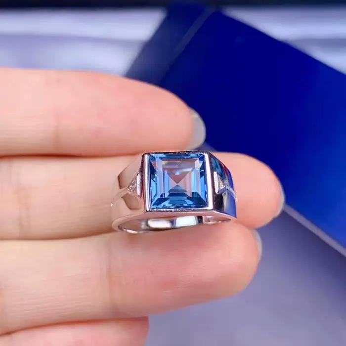 Bague en argent regardé 925 avec topaze bleue océan pour homme