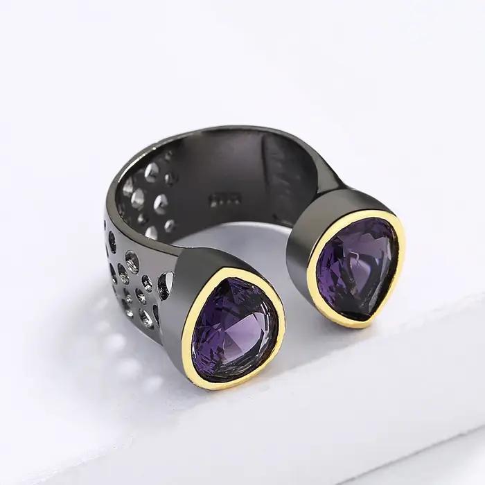 Bague vintage pour femmes en zirconium violet goutte d'eau or noir ouverture réglable engagement soirée élégance style unique