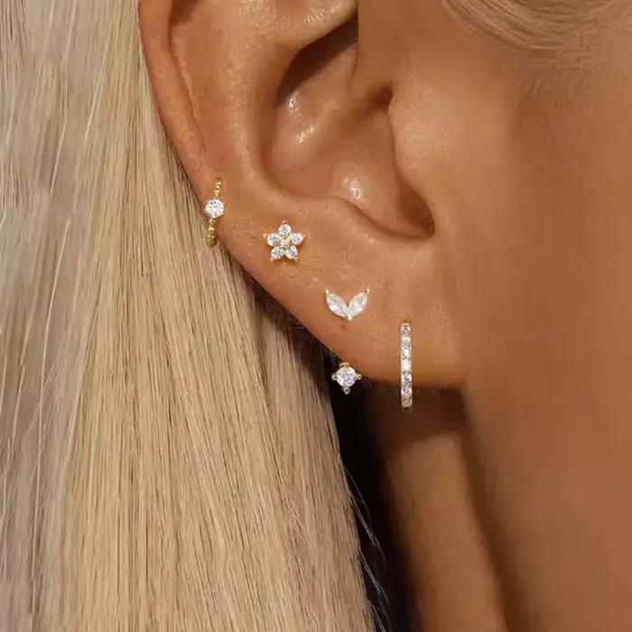 4 pièces mode Zircon rond cerceau boucle d'oreille ensemble femmes tempérament fleur oreille Stud Huggie
