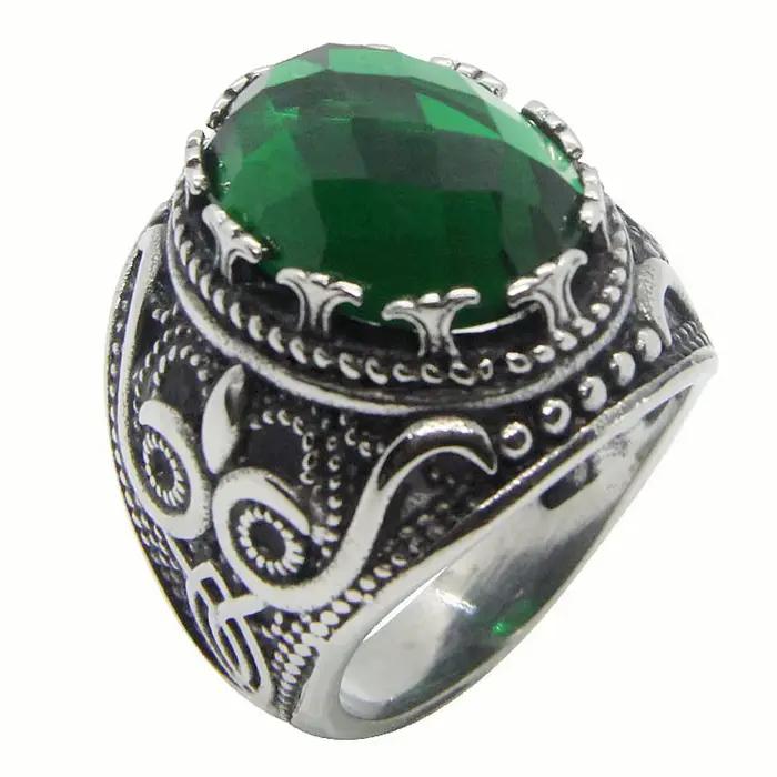 Bague œil en pierre verte en acier inoxydable 316L, Punk Biker, Style gothique, bijoux pour hommes,