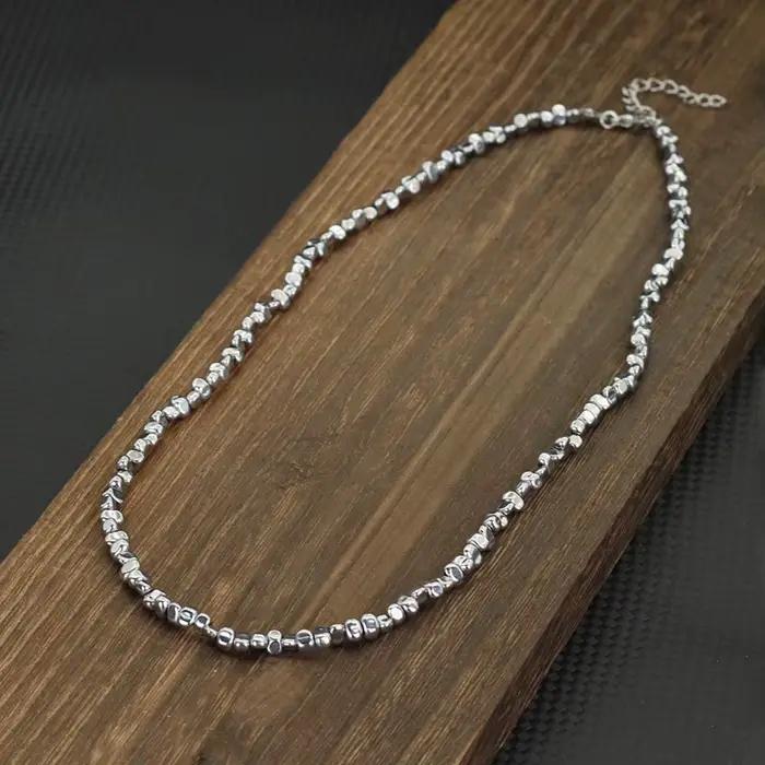 Collier de perles en hématite naturelle pour hommes, couleur argent noir, pierre irrégulière, court ras du cou de 20 pouces, méditation, cadeau pour petit ami, bijoux