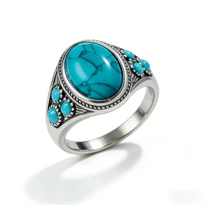 Bague en alliage plaqué argent turquoise pour femme