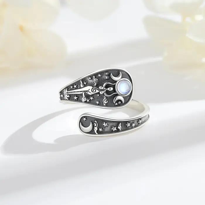 Bague Ajustable en Argent Sterling 925 Triple Lune Goddess Hecate Pierre de Lune Amulette Cuillère Vintage Bijoux Cadeau Femme Occasions Spéciales
