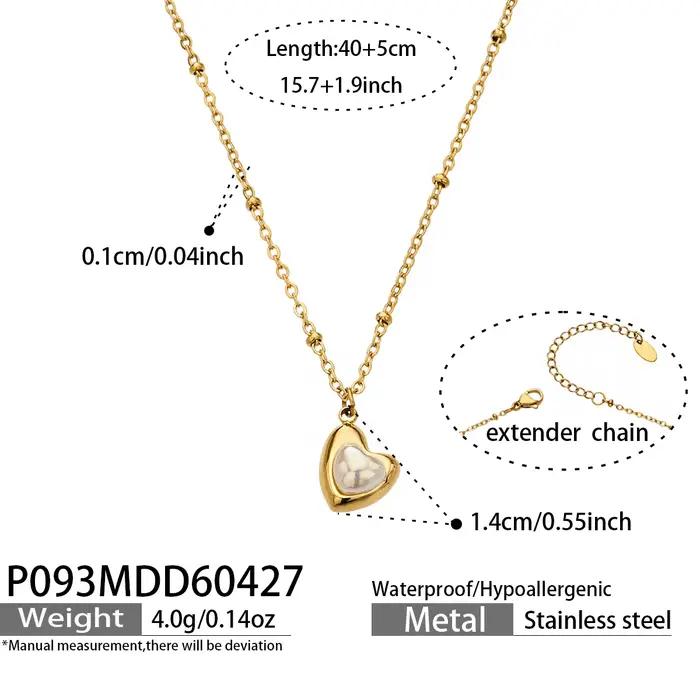 Bague en nacre blanche, pendentif cœur en perle d'imitation, collier étanche en acier inoxydable 316