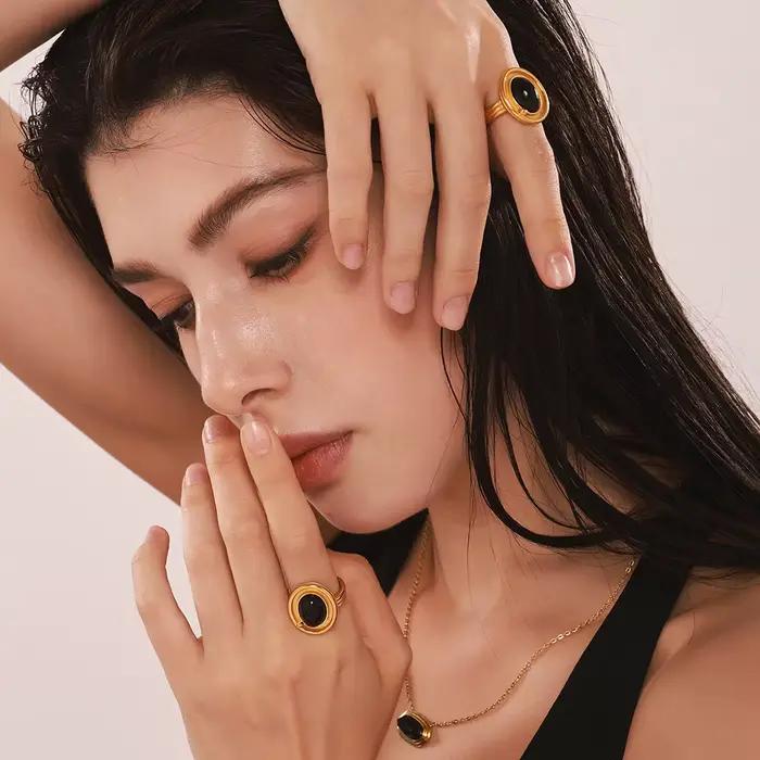 Bague en Agates naturelles noires de Style gothique pour femmes