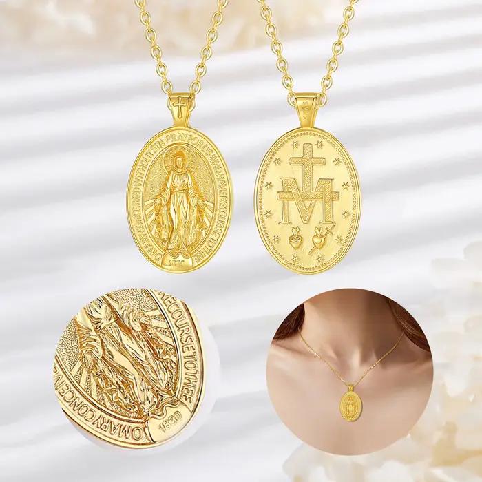Collier Vierge Marie en Argent Sterling 925 avec Pendentif Religieux Or 18 Carats Bijoux Femmes Occasions Spéciales