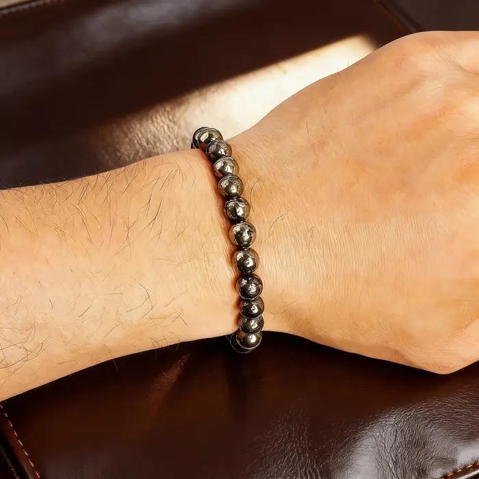 Bracelet en pierre de pyrite naturelle 6 8 10 mm amulette de protection et de prospérité bijou perlé pour homme femme occasions spéciales cadeau