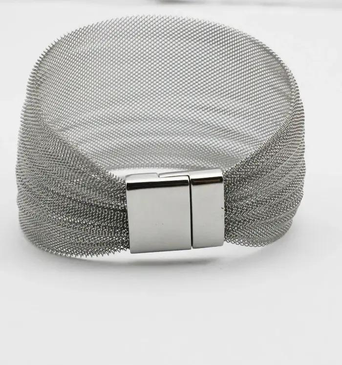Bracelet en maille d'acier inoxydable large en métal couleur argent