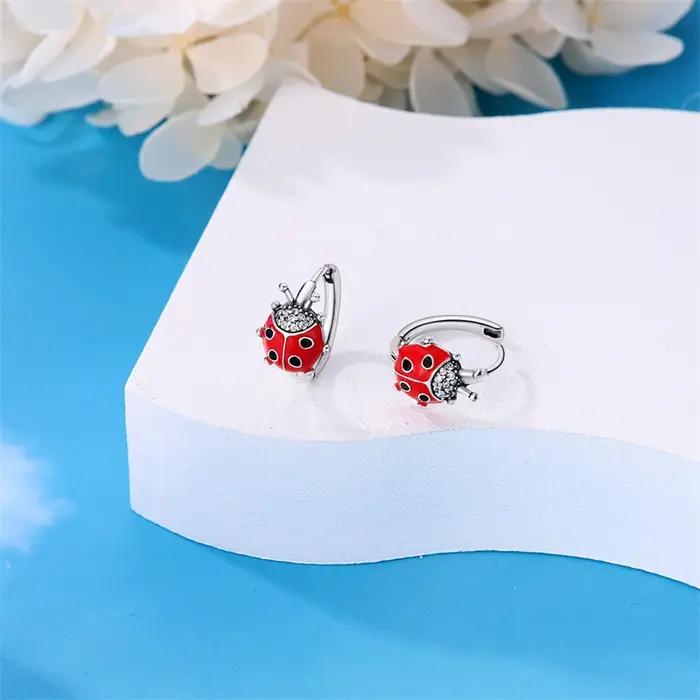 Boucles d'oreilles doubles en argent sterling 925 motif coccinelle rouge bijoux originaux fins cadeaux de fiançailles anniversaires pour femmes occasions spéciales