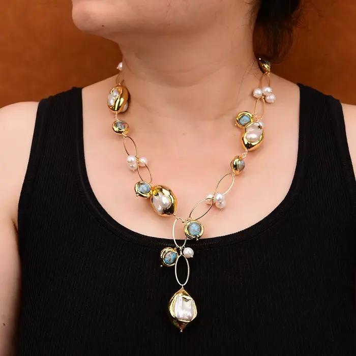 G-G Culture D'eau Douce Blanc Keshi Perle Baroque Dent Mabe Perle Bleu Verre De Murano Collier Fait À La Main Dame Cadeaux De ix