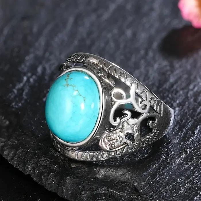 Bagues rétro en turquoise naturelle plaquées argent pour femmes et hommes