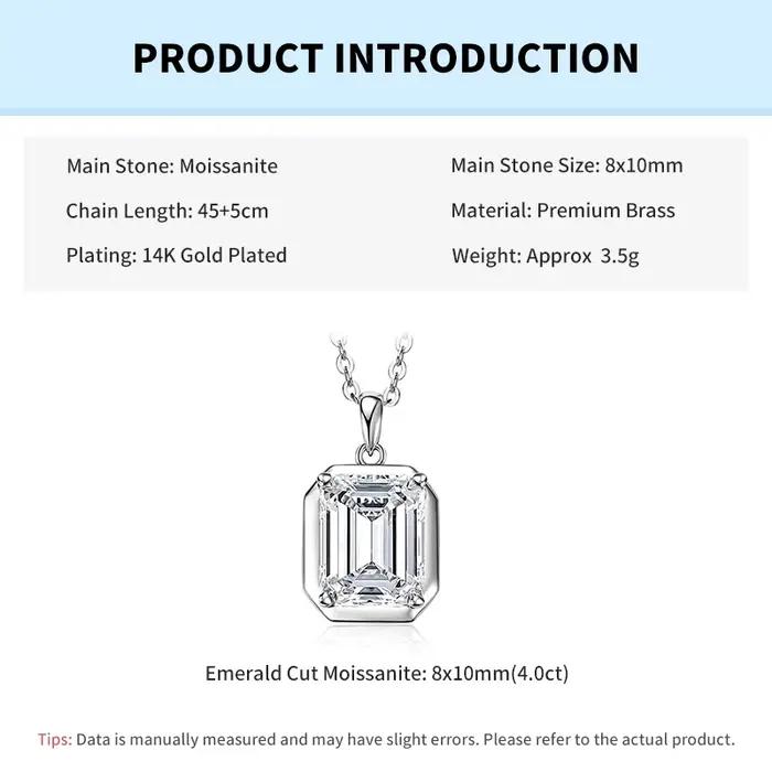 Collier pendentif Rrjzz Solitaire en moissanite taille émeraude 8x10mm, 4 carats, couleur D, diamant