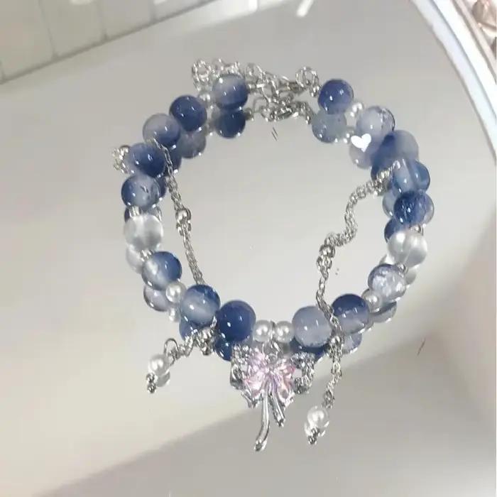 Bracelets en perles de cristal de verre bleu clair pour femme
