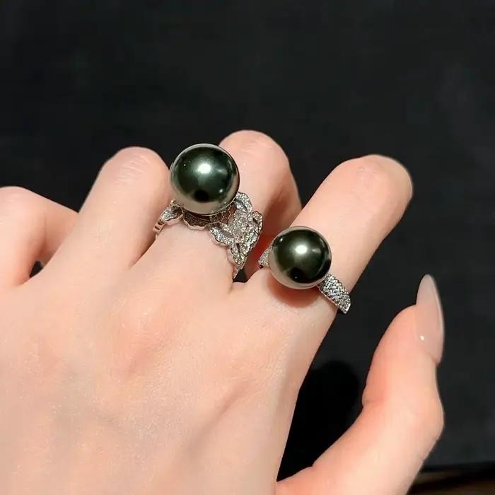 Ensemble de bijoux en perles de coquillage vert paon et pierres scintillantes, bague au design nid d'abeille avec diamants étincelants, ensemble de collier en perles de Tahiti Princess