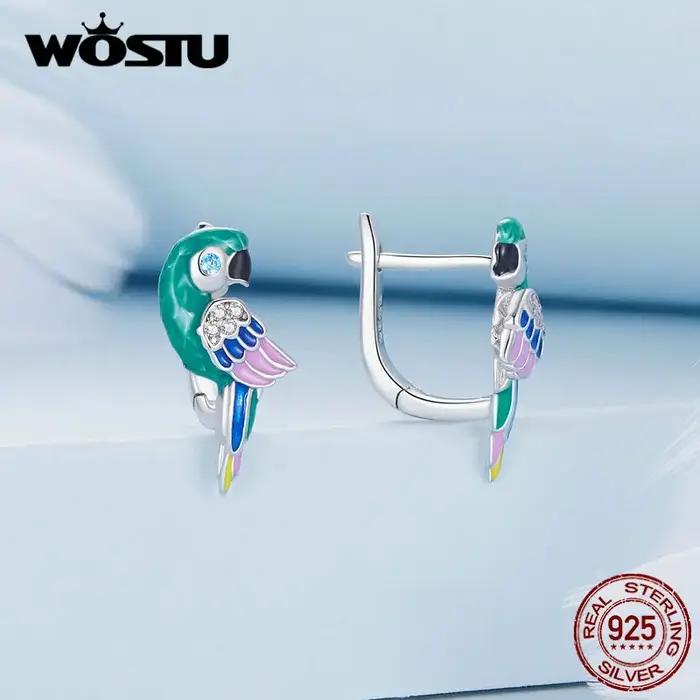 WOSTU 925 en argent Sterling arc-en-ciel perroquet boucles d'oreilles pour les femmes mignon animal de compagnie oiseau CZ oreille Clips fille anniversaire bijoux cadeau de famille