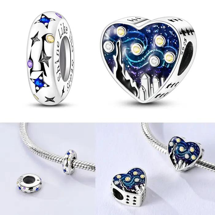 925 argent Sterling petit Van Gogh ciel étoilé breloques perle CZ Zircon brillant