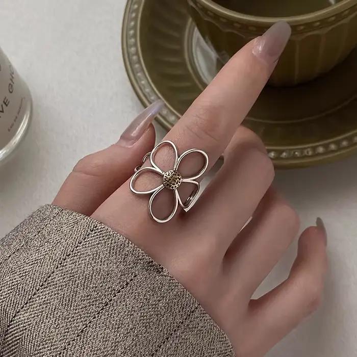 CALYMIX 925 bagues en argent Sterling pour femmes Couple minimaliste fait à la main Simple grande fleur bague fête bijoux cadeau prévenir l'allergie