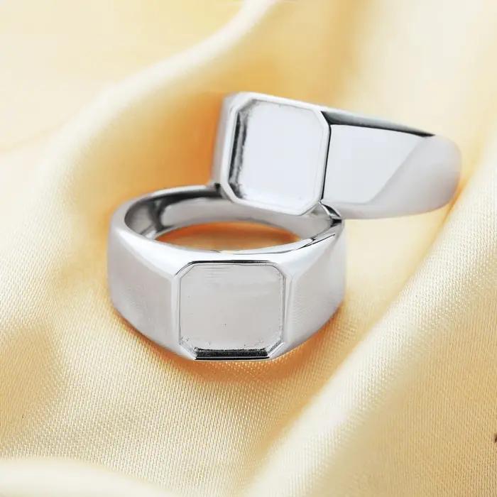 Bague ajustable pour homme en argent sterling 925 avec résine de lait maternel et monture carrée de 9 mm