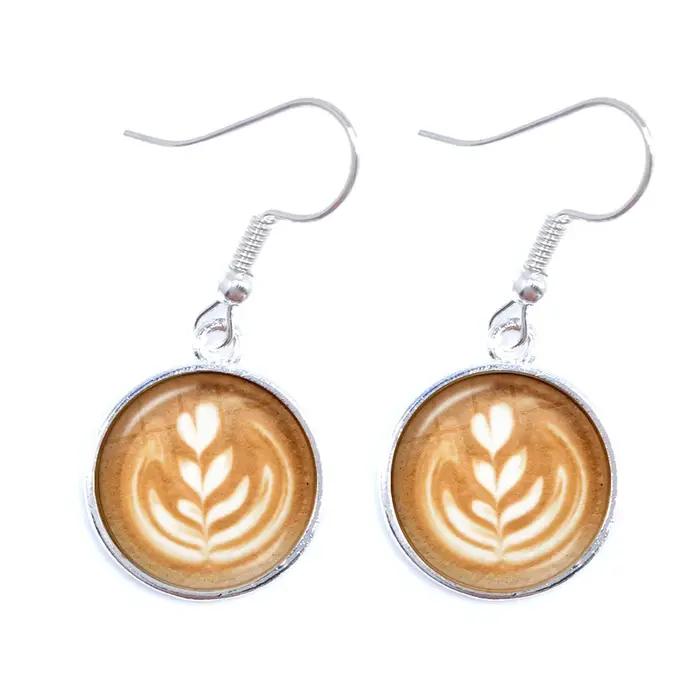Café Latte sculpture amour coeur Art boucles d'oreilles chocolat impression fleur trèfle à quatre feuilles charme bijoux pour femmes filles cadeau