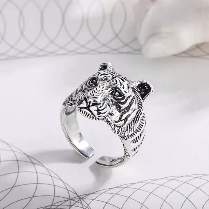 Bagues réglables en forme de tigre en argent Sterling 925 pour femmes et hommes