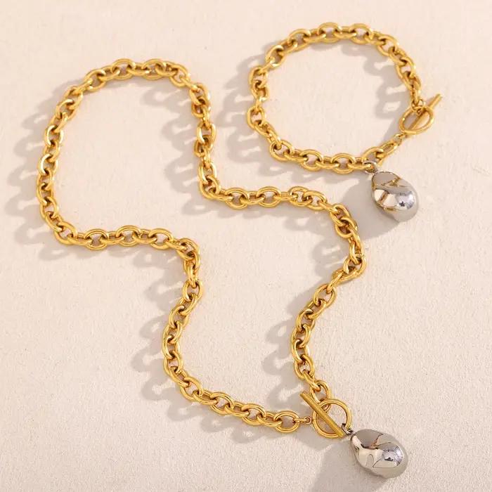 E.B.belle OT boucle acier couleur solide cacahuète pendentif collier Bracelet plaqué or 18 carats