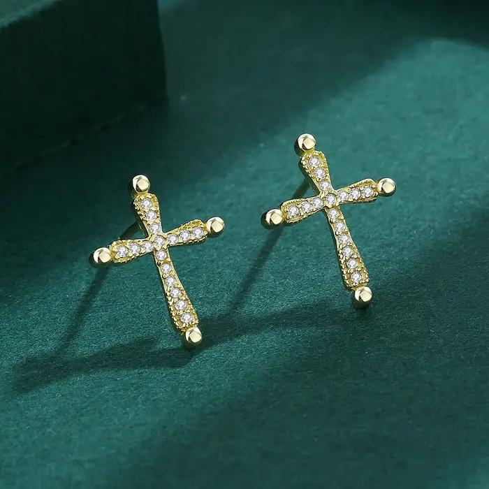 Boucles d'oreille en or 18K avec croix en diamants pour femmes ronde en argent sterling 925 nouvelle collection occasions spéciales