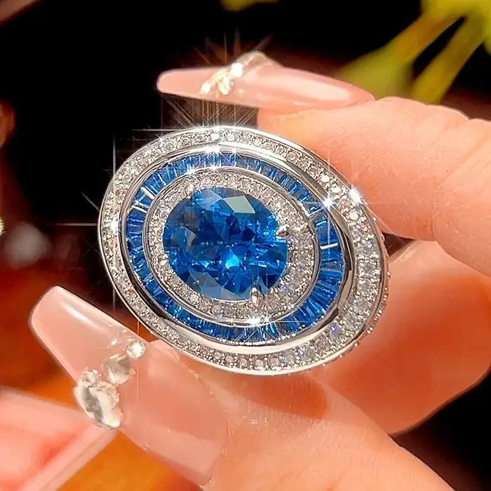 Bague ovale de luxe en saphir bleu réglable, collier de déclaration avec accents en Zircon Halo, bij
