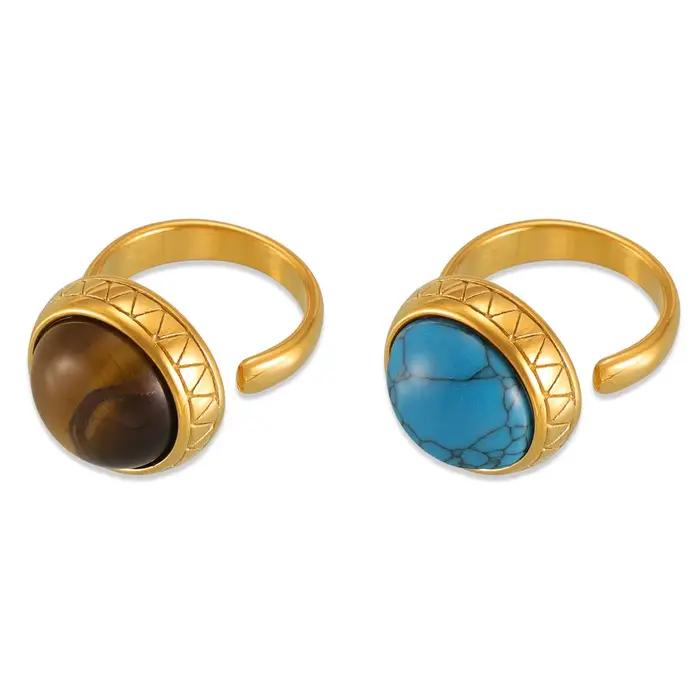 Bague Vintage Turquoise Naturelle pour Femme, Acier Inoxydable Plaqué Or, Bague Ronde Ouverte Femme, Bijoux Fantaisie, Cadeau