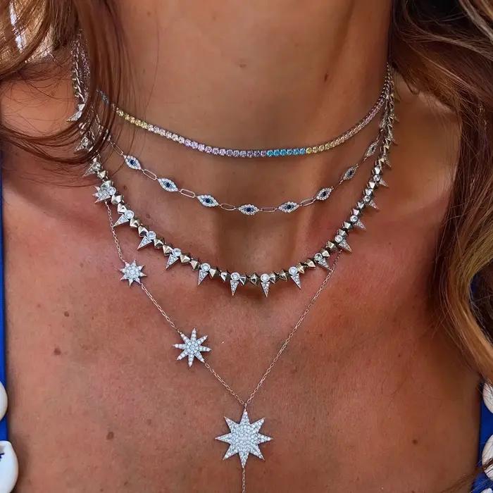 2025 nouveau Cool femmes bijoux couleur or Rock Punk CZ pavé Spike géométrique charme chaîne collier
