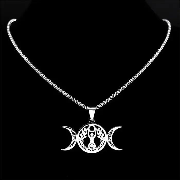 Sorcière Triple lune déesse Luna collier pour femmes hommes acier inoxydable couleur argent amulette Hecate chaîne