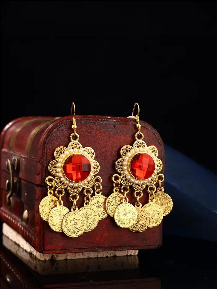 Ensemble de boucles d'oreilles luxueuses pour femme arabe, serties de pierres précieuses artificiell