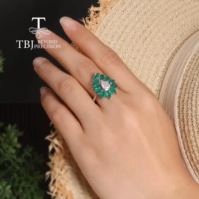Bague en argent 925 avec agate verte naturelle précieuse et opale