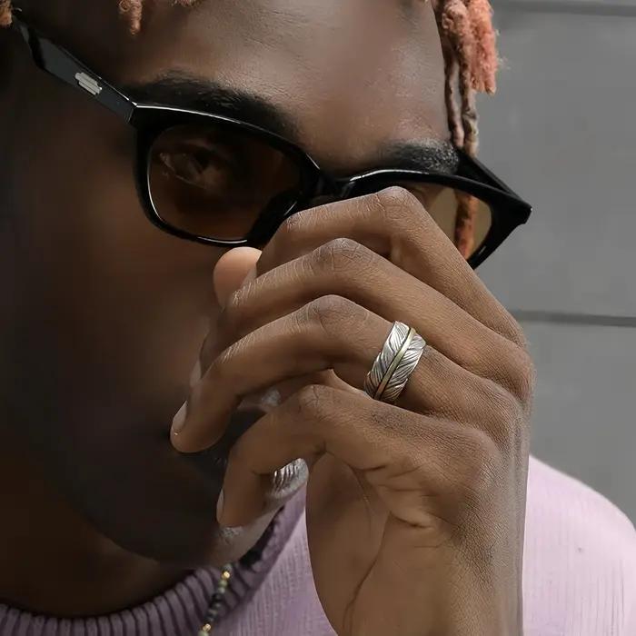 Bague ouverte réglable avec graffitis de plumes dorées rétro pour hommes