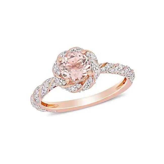 Bague Halo Ronde en Morganite Synthétique pour Femme, en Argent Sterling 925, avec Tige Torsadée Pla