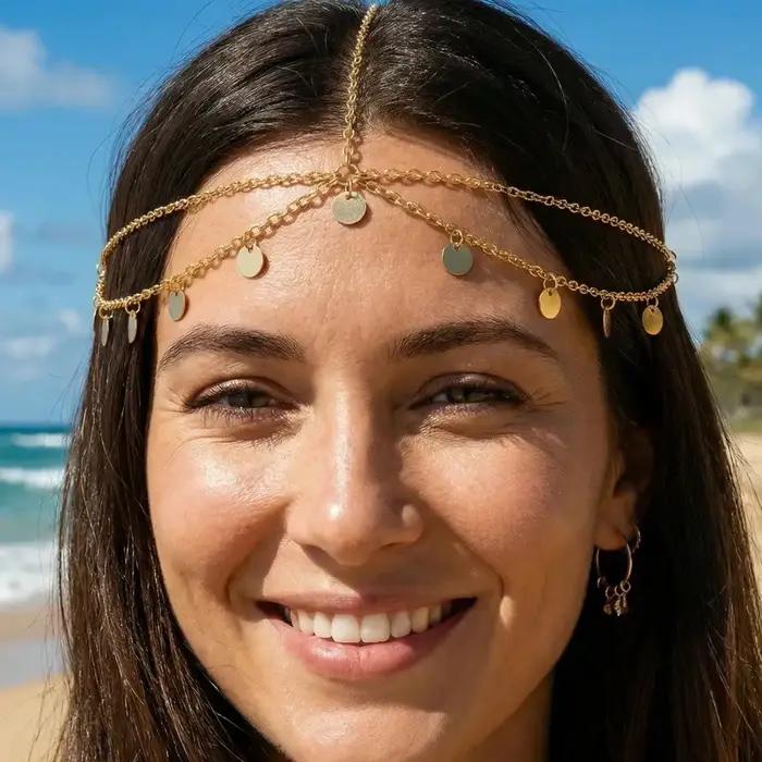 Chaîne de tête tendance en sequins métalliques dorés pour femmes