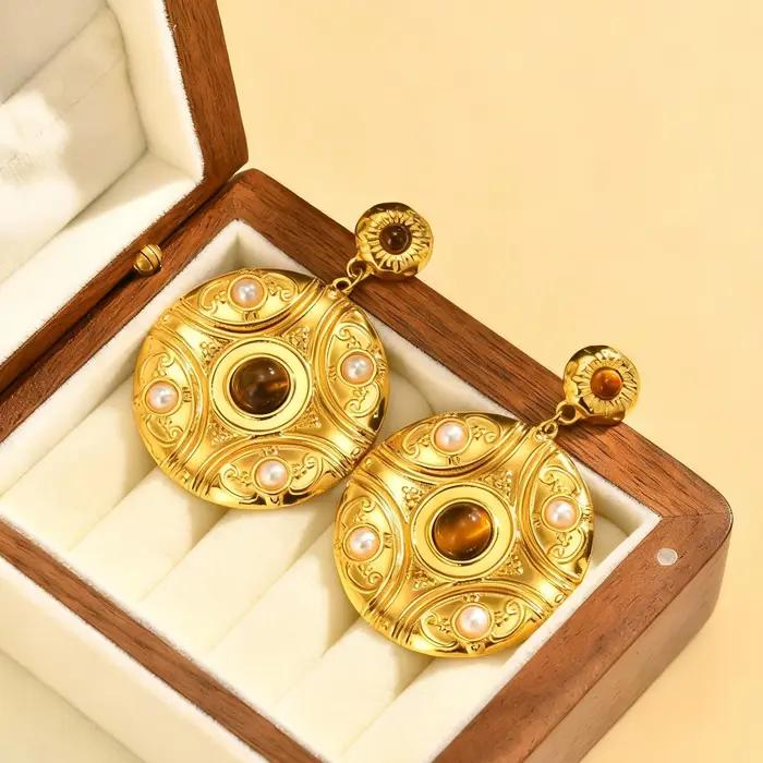 Boucles d'oreilles Vintage en pierre naturelle ornée pour femmes