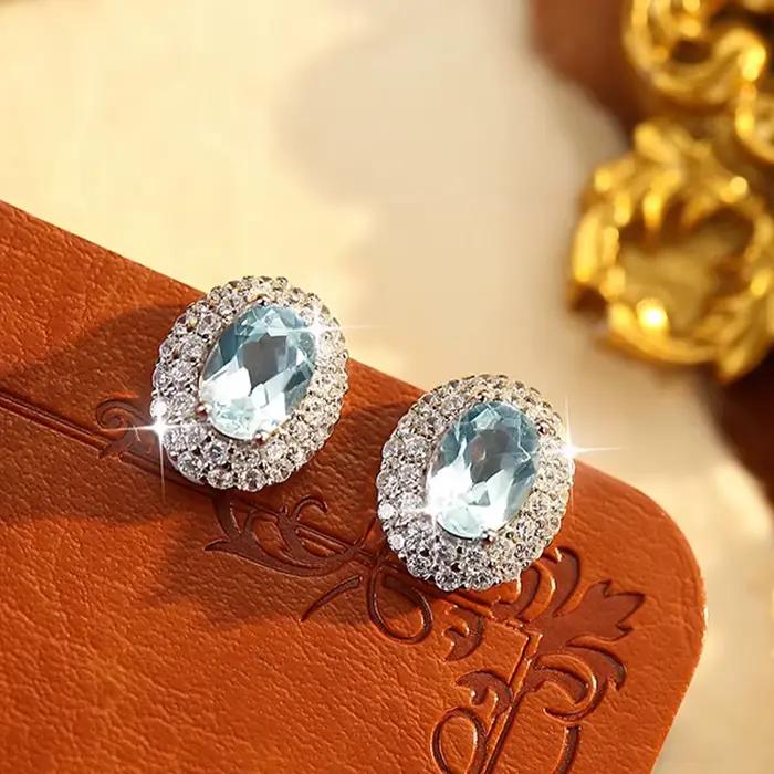 Boucles d'oreilles en argent Sterling 925 avec topaze bleue pour femmes, coupe ovale, cristal naturel, bijoux fins classiques, cadeau de mariage FCGJHW