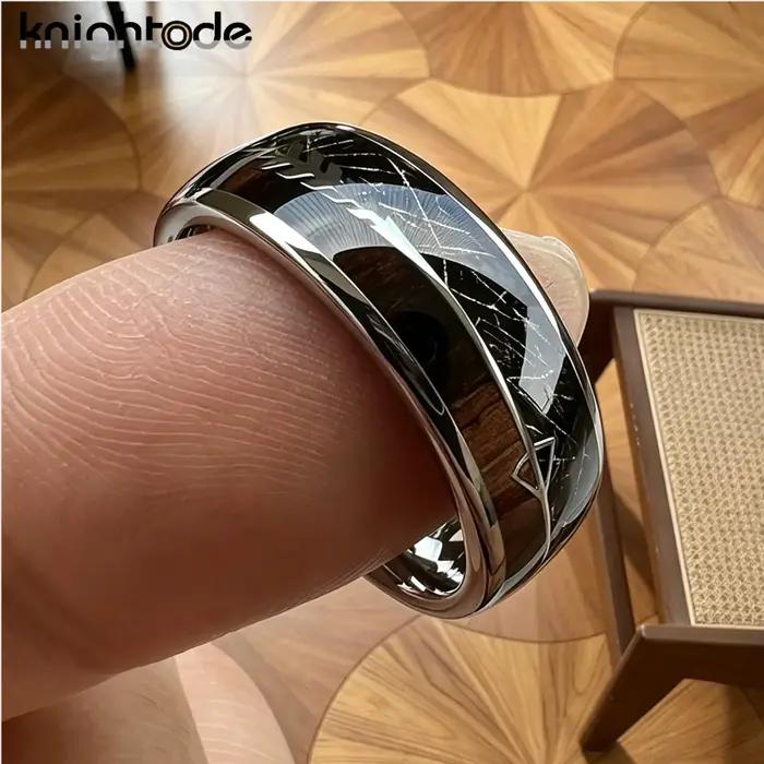 Anneau en carbure de tungstène avec incrustation de Texture Unique en bois de météorite noire/Koa