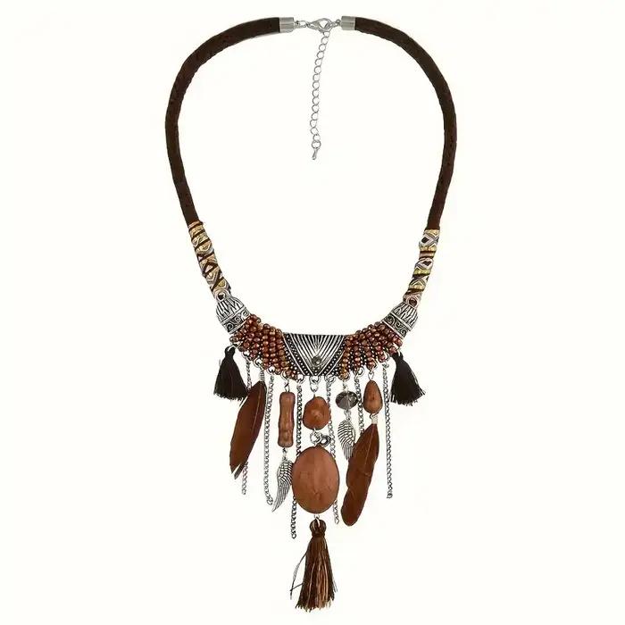 Collier ethnique Vintage Chic avec pendentif en plumes Turquoise pour femmes, colliers en corde bohème de la tribu indienne, bijoux, accessoires de fête