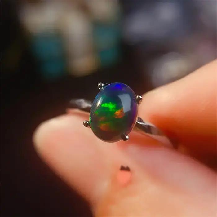Bague opale noire naturelle réglable pour femmes, bijoux en pierre, cadeau, vente en gros, haute qua