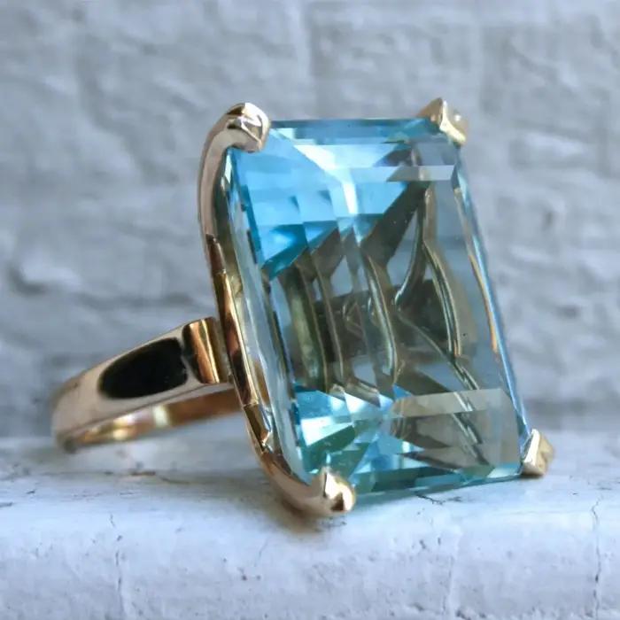 Bague de fiançailles en diamant de princesse topaze bleue de mer naturelle véritable
