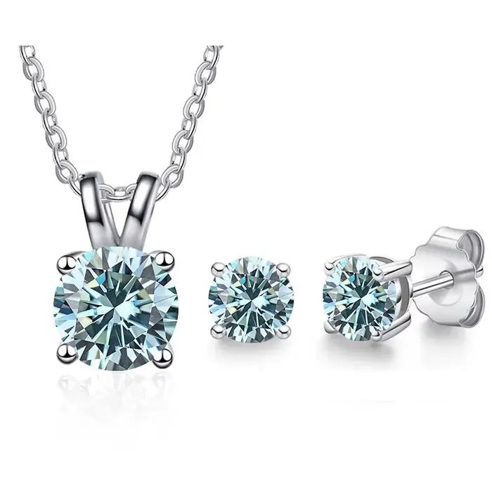 Pomercejelly-Ensemble de bijoux classiques en argent regardé 925 pour femme, boucles d'oreilles de mariage, collier en pierre de moissanite véritable 1ct, patients
