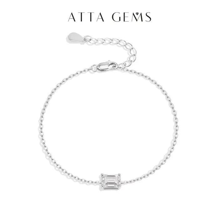 ATTAGEMS Bracelet en moissanite taille émeraude 1 carat, argent 925, or 18 carats, chaîne réglable e