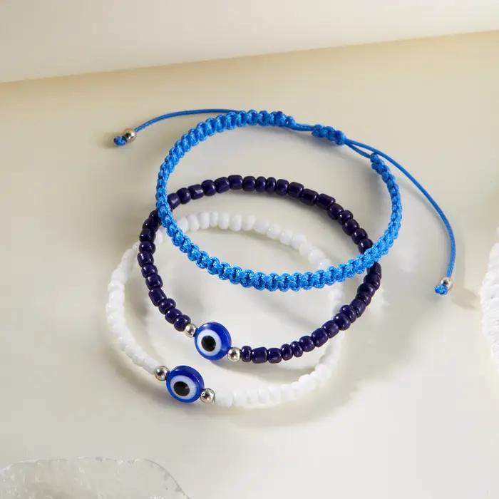 Lucky Evil Eye-Ensemble de bracelets de perles de riz réglables pour femmes et hommes