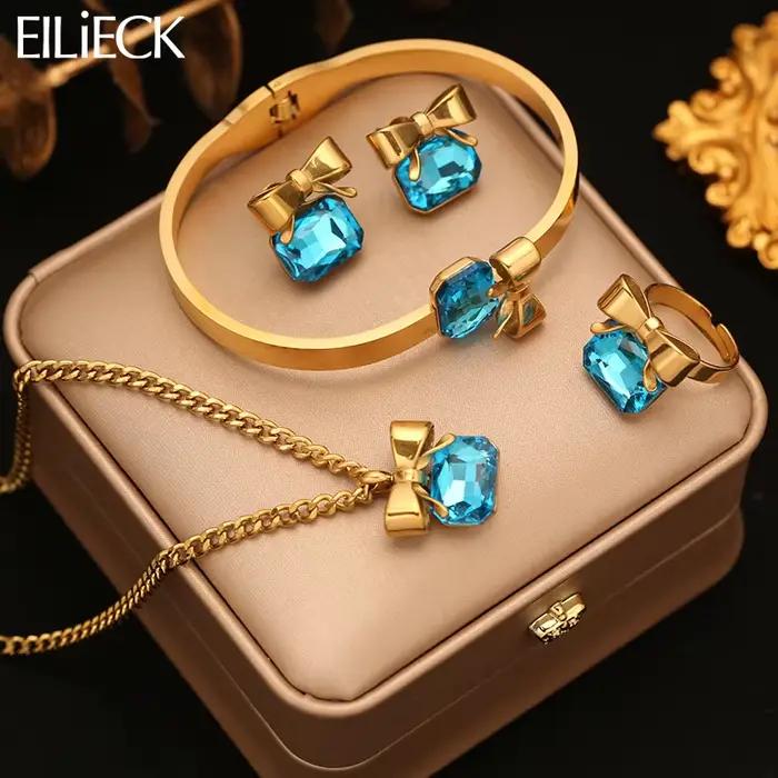 Bijoux Élégants EILIECK - Ensemble Collier Carré à Nœud Papillon, Boucles d'Oreilles, Bague et Bracelet pour Femmes Occasions Spéciales